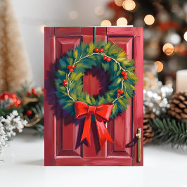 Kerstkrans Rode Deur Aquarel Feestdagen Kaart