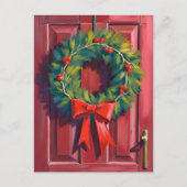 Kerstkrans Rode Deur Aquarel Feestdagenkaart (Voorkant)