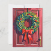 Kerstkrans Rode Deur Aquarel Feestdagenkaart (Voorkant)