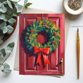 Kerstkrans Rode Deur Aquarel Feestdagenkaart