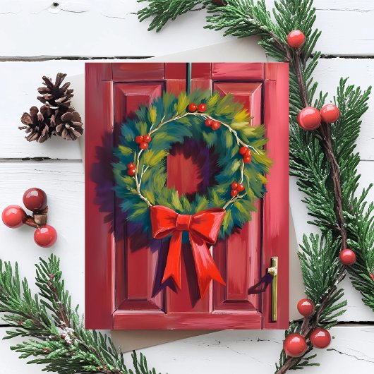 Kerstkrans Rode Deur Aquarel Feestdagenkaart