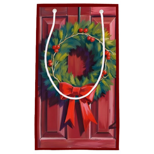 Kerstkrans Rode Deur Aquarel Klein Cadeauzakje (Voorkant)