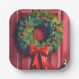 Kerstkrans Rode Deur Aquarel Papieren Bordje