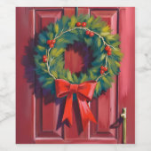 Kerstkrans Rode Deur Aquarel Wijn Etiket (Enkel label)