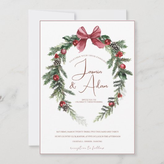 Kerstkrans Rode Groene Winter Feestelijke bruiloft Kaart (Voorkant)
