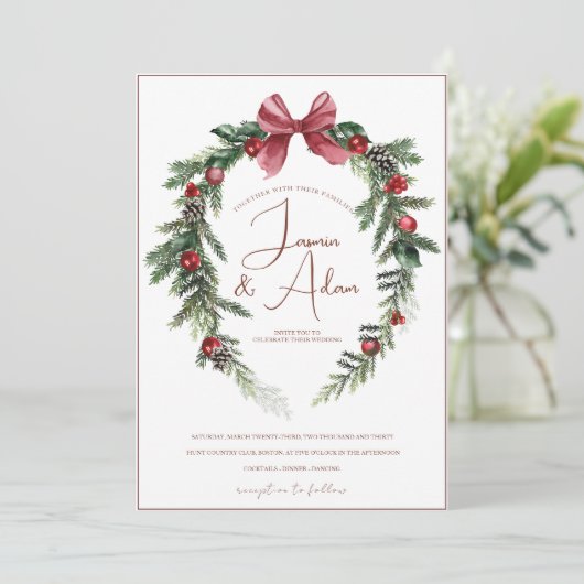 Kerstkrans Rode Groene Winter Feestelijke bruiloft Kaart (Staand voorkant)