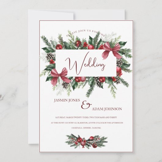 Kerstkrans Rode Groene Winter Feestelijke bruiloft Kaart (Voorkant)