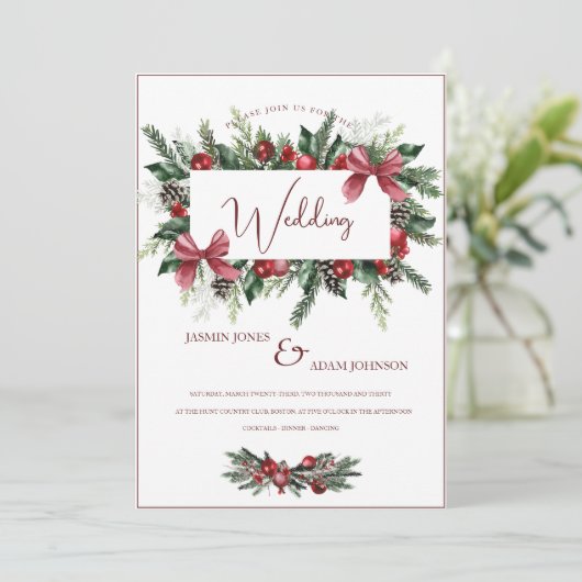 Kerstkrans Rode Groene Winter Feestelijke bruiloft Kaart (Staand voorkant)