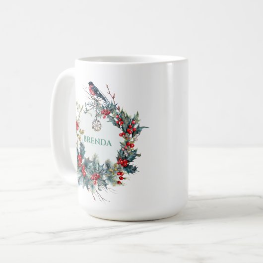 Kerstkrans & Rode Robin met Monogram Koffiemok (Voorkant links)
