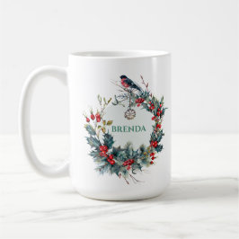 Kerstkrans & Rode Robin met Monogram Koffiemok