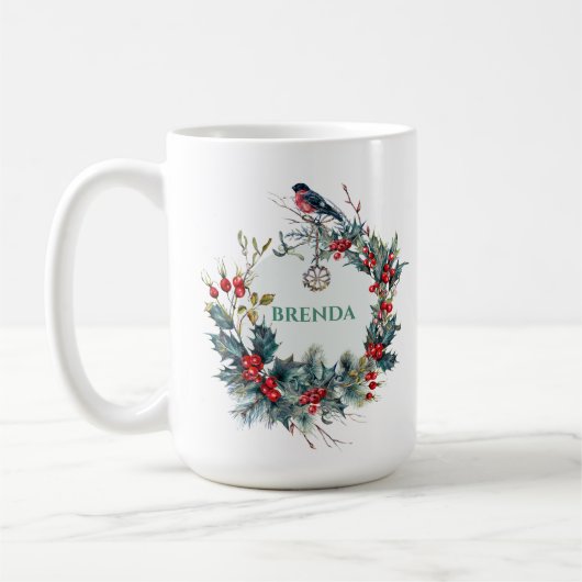 Kerstkrans & Rode Robin met Monogram Koffiemok (Links)
