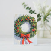 Kerstkrans | Rode strik vrolijk Feestdagenkaart (Staand voorkant)