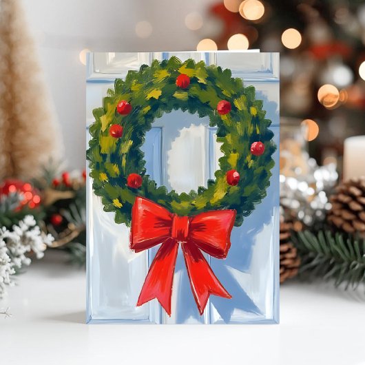 Kerstkrans Rode Strik Witte Waterverf Feestdagen Kaart