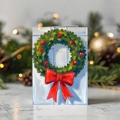 Kerstkrans Rode Strik Witte Waterverf Feestdagen Kaart