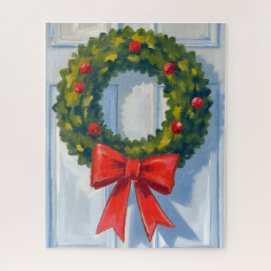 Kerstkrans Rode Strik Witte Waterverf Legpuzzel
