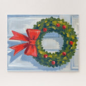 Kerstkrans Rode Strik Witte Waterverf Legpuzzel (Horizontaal)