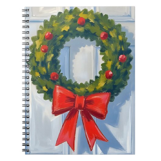 Kerstkrans Rode Strik Witte Waterverf Notitieboek (Voorkant)