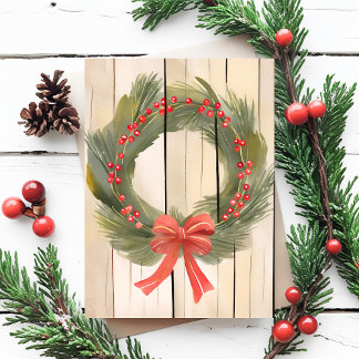 Kerstkrans Rood lint | Mooie dennen waterverf Feestdagenkaart