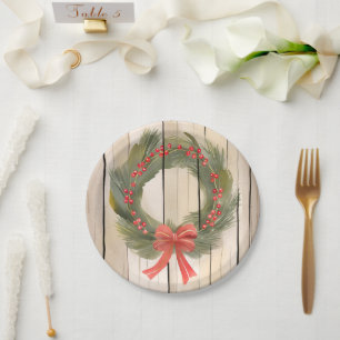 Kerstkrans Rood lint Pretty Pine Waterverf Papieren Bordje
