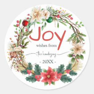 Kerstkrans Rood Vreugde Rustieke Typografie Naam Ronde Sticker