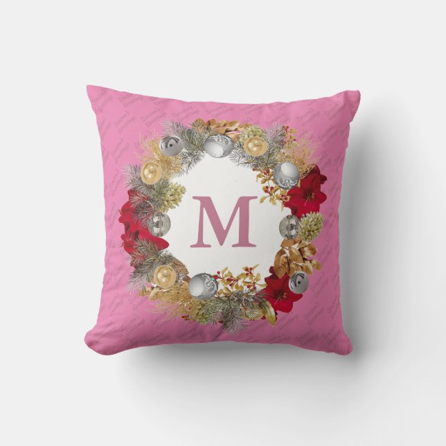 Kerstkrans Roze MONOGRAM Kussen (Voorkant)