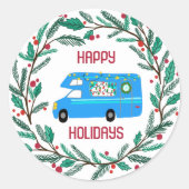 Kerstkrans RV CUSTOM Hand getrokken Vakantie Ronde Sticker (Voorkant)