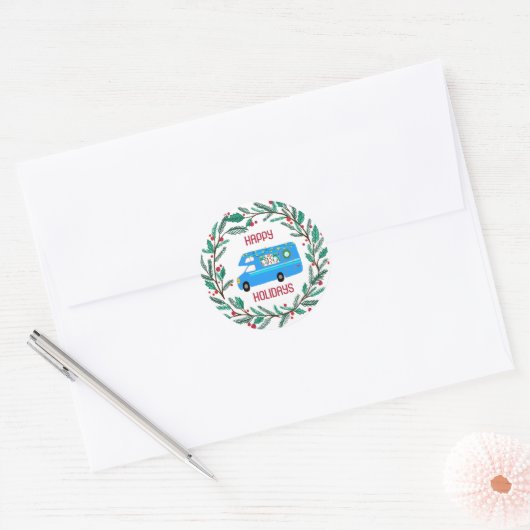 Kerstkrans RV CUSTOM Hand getrokken Vakantie Ronde Sticker (Envelop)