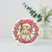 Kerstkrans Sheltie Classic Ronde Sticker Feestdagenkaart (Staand voorkant)