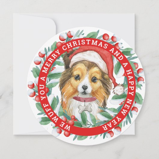 Kerstkrans Sheltie Classic Ronde Sticker Feestdagenkaart (Voorkant)