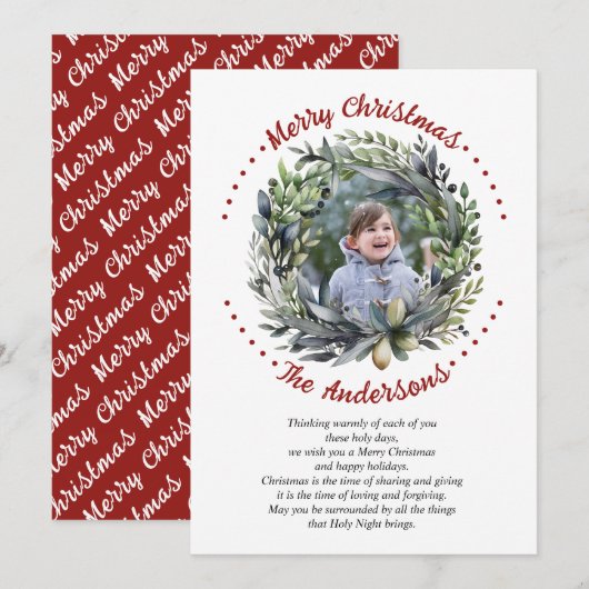 Kerstkrans takken met groen foto feestdagenkaart (Voorkant / Achterkant)