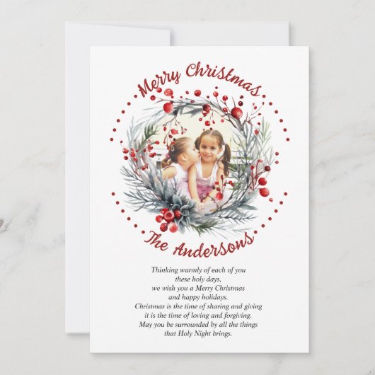 Kerstkrans takken met rode bessen foto feestdagenkaart (Voorkant)