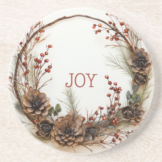 Kerstkrans Takken Takjes Dennenkegels Bessen Zandsteen Onderzetter (Voorkant)