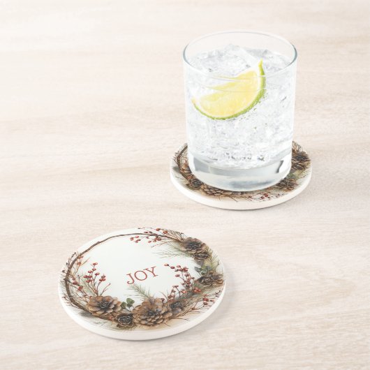 Kerstkrans Takken Takjes Dennenkegels Bessen Zandsteen Onderzetter (Zijkant)