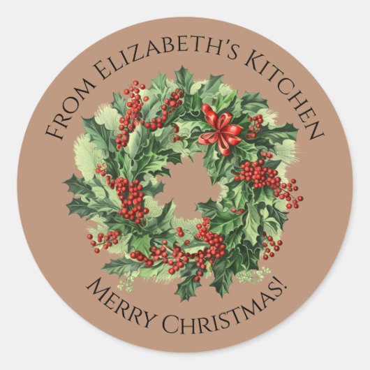 Kerstkrans Thuisgemaakte Voedsel Cadeau Bruin Ronde Sticker (Voorkant)