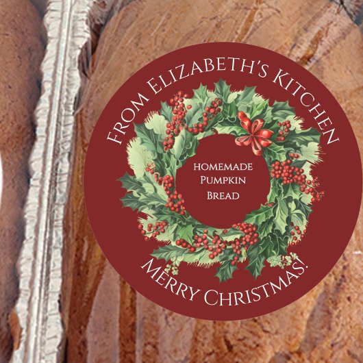 Kerstkrans Thuisgemaakte Voedsel Cadeau Donkerrood Ronde Sticker