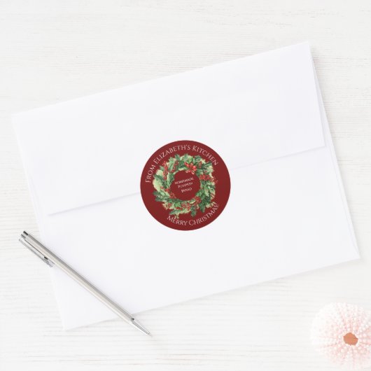 Kerstkrans Thuisgemaakte Voedsel Cadeau Donkerrood Ronde Sticker (Envelop)