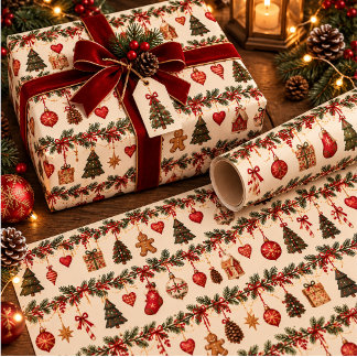 Kerstkrans van groenblijvende takken en hangende o cadeaupapier