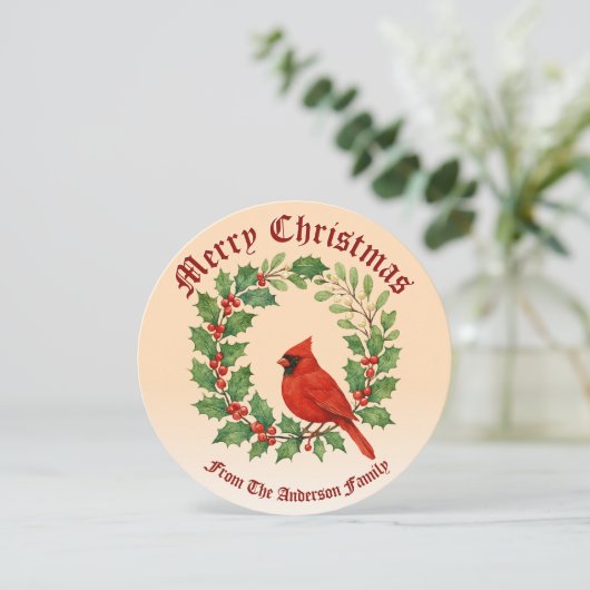 Kerstkrans van Holly, Mistletoe & Kardinaal Feestdagenkaart (Staand voorkant)