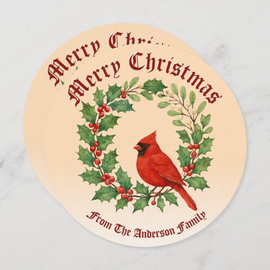 Kerstkrans van Holly, Mistletoe & Kardinaal Feestdagenkaart (Voorkant / Achterkant)
