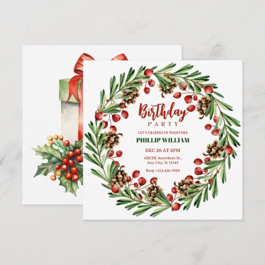 Kerstkrans verjaardagsfeestje kaart (Voorkant / Achterkant)