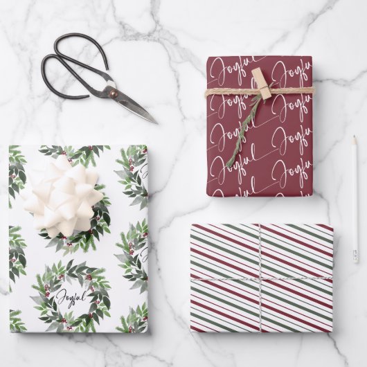 Kerstkrans Vrolijke Script Rode Groene Vakantie Inpakpapier Vel (Voorkant)
