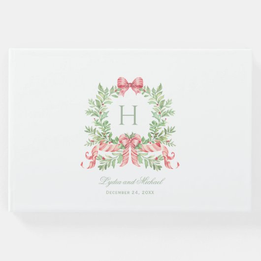 Kerstkrans w Candy Cane Bow Monogram bruiloft Gastenboek (Voorkant)
