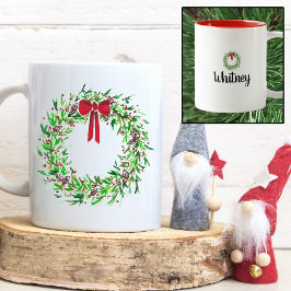 Kerstkrans Waterverf Rode bessen & Pine Tweekleurige Koffiemok