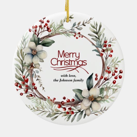 Kerstkrans, witte bloemen, rode bessen foto keramisch ornament (Achterkant)