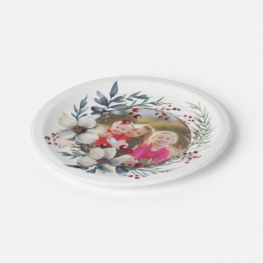 Kerstkrans, witte bloemen, rode bessen foto papieren bordje (Gekanteld)