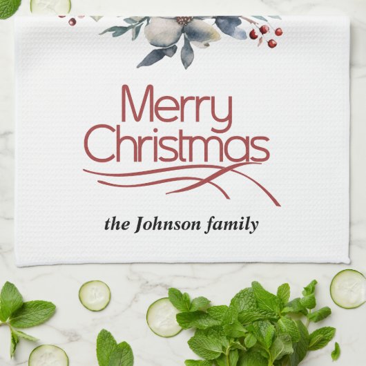 Kerstkrans, witte bloemen, rode bessen vreugde theedoek (Gevouwen)