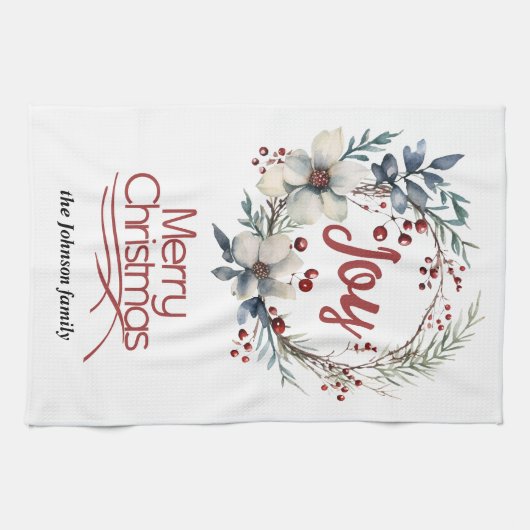 Kerstkrans, witte bloemen, rode bessen vreugde theedoek (Horizontaal)