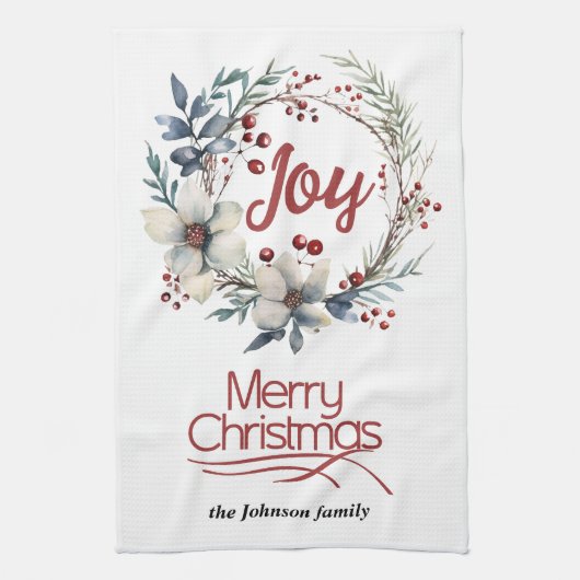 Kerstkrans, witte bloemen, rode bessen vreugde theedoek (Verticaal)