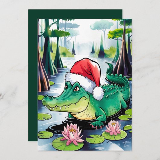 Kerstkrokodil in de Bayou Feestdagenkaart (Voorkant / Achterkant)