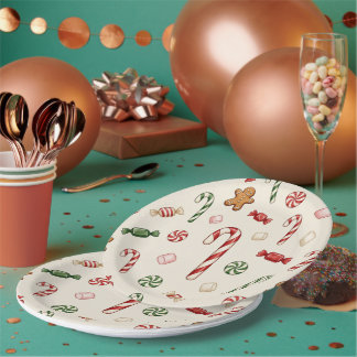 Kerstkrullen en Kerststokken, Beige Achtergrond Papieren Bordje